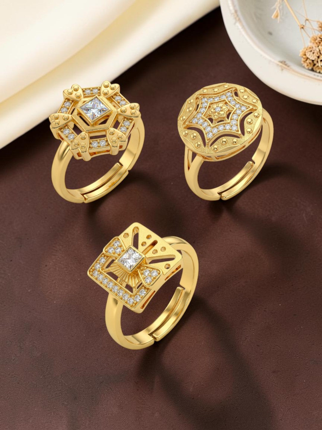 Gold Plated Adjustable Combo of 3 Rings for Women