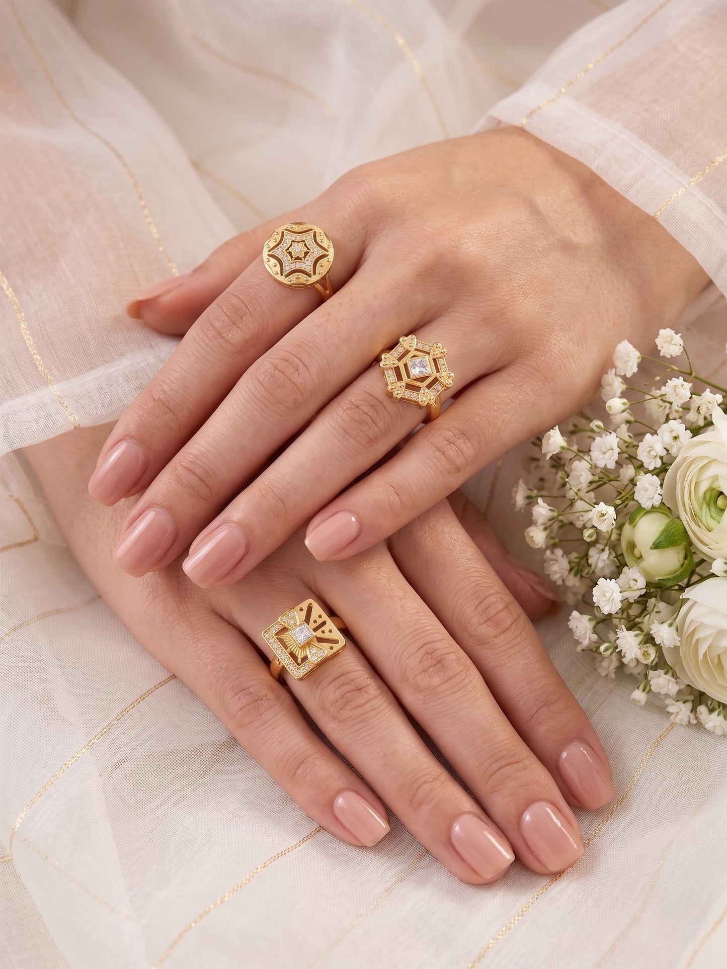 Gold Plated Adjustable Combo of 3 Rings for Women