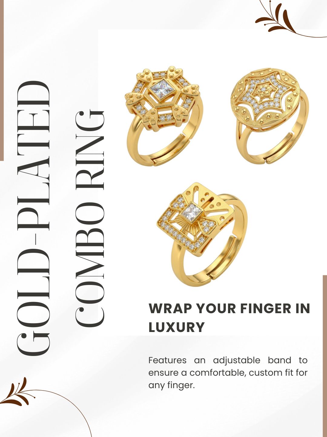 Gold Plated Adjustable Combo of 3 Rings for Women