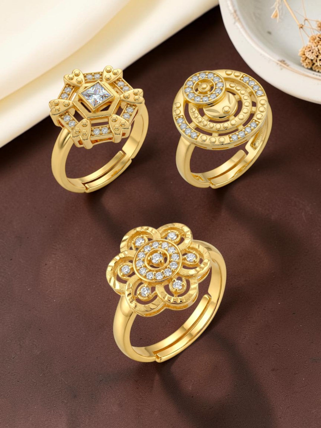 Gold Plated Adjustable Combo of 3 Rings for Women