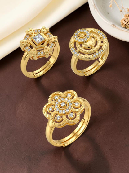 Gold Plated Adjustable Combo of 3 Rings for Women