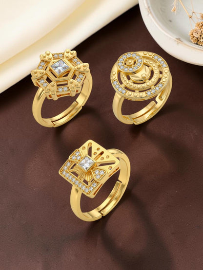 Gold Plated Adjustable Combo of 3 Rings for Women
