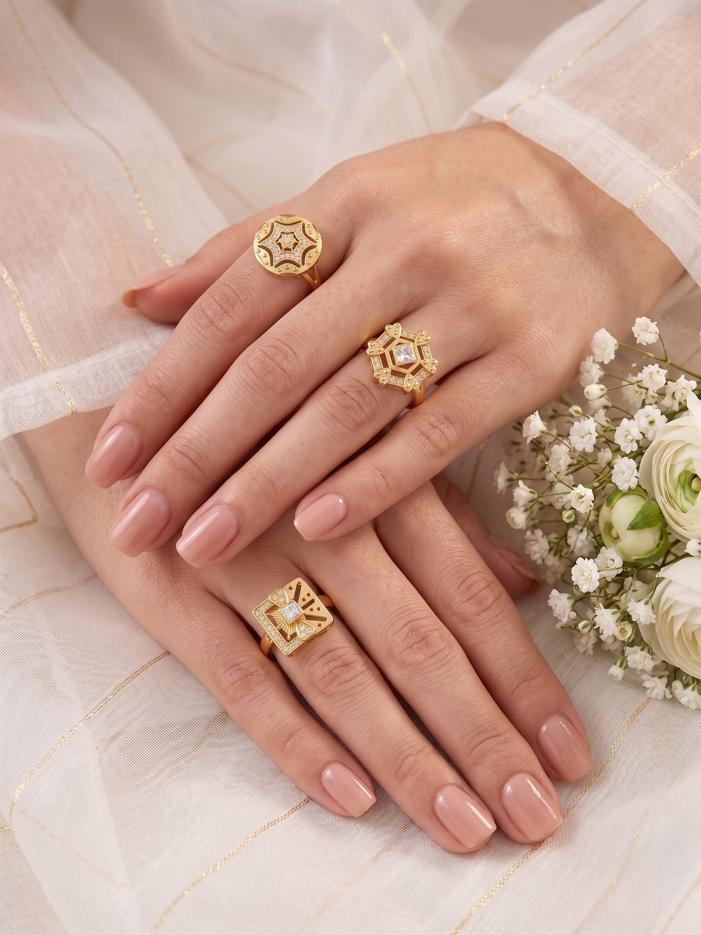 Gold Plated Adjustable Combo of 3 Rings for Women