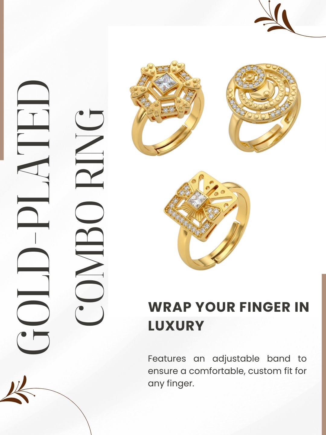 Gold Plated Adjustable Combo of 3 Rings for Women