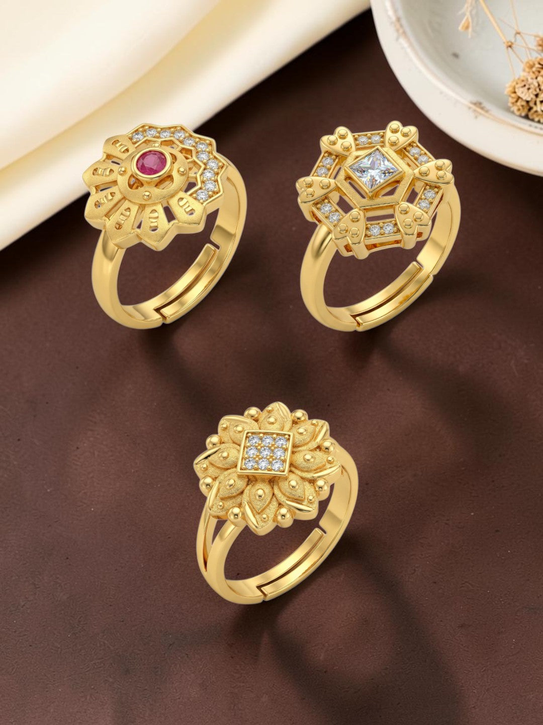 Gold Plated Adjustable Combo of 3 Rings for Women