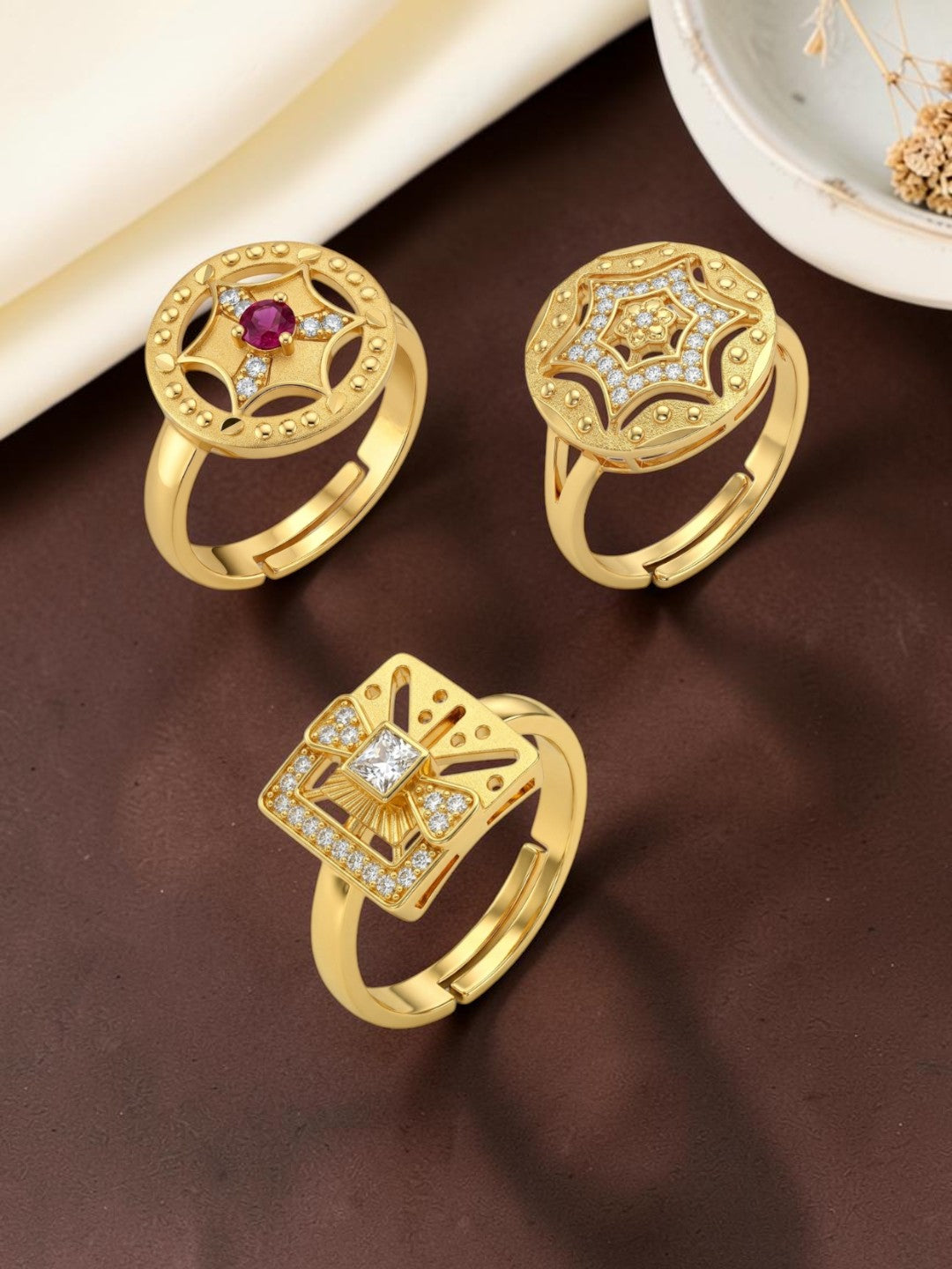 Gold Plated Adjustable Combo of 3 Rings for Women