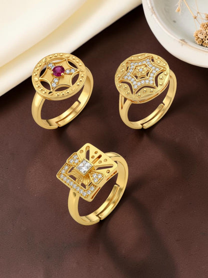 Gold Plated Adjustable Combo of 3 Rings for Women