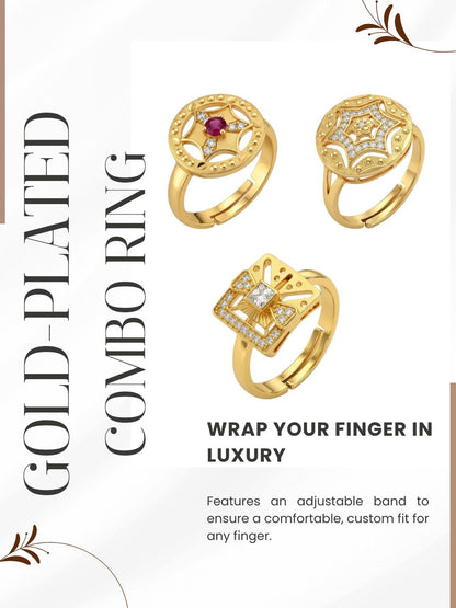 Gold Plated Adjustable Combo of 3 Rings for Women