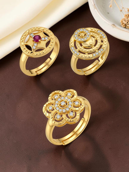 Gold Plated Adjustable Combo of 3 Rings for Women