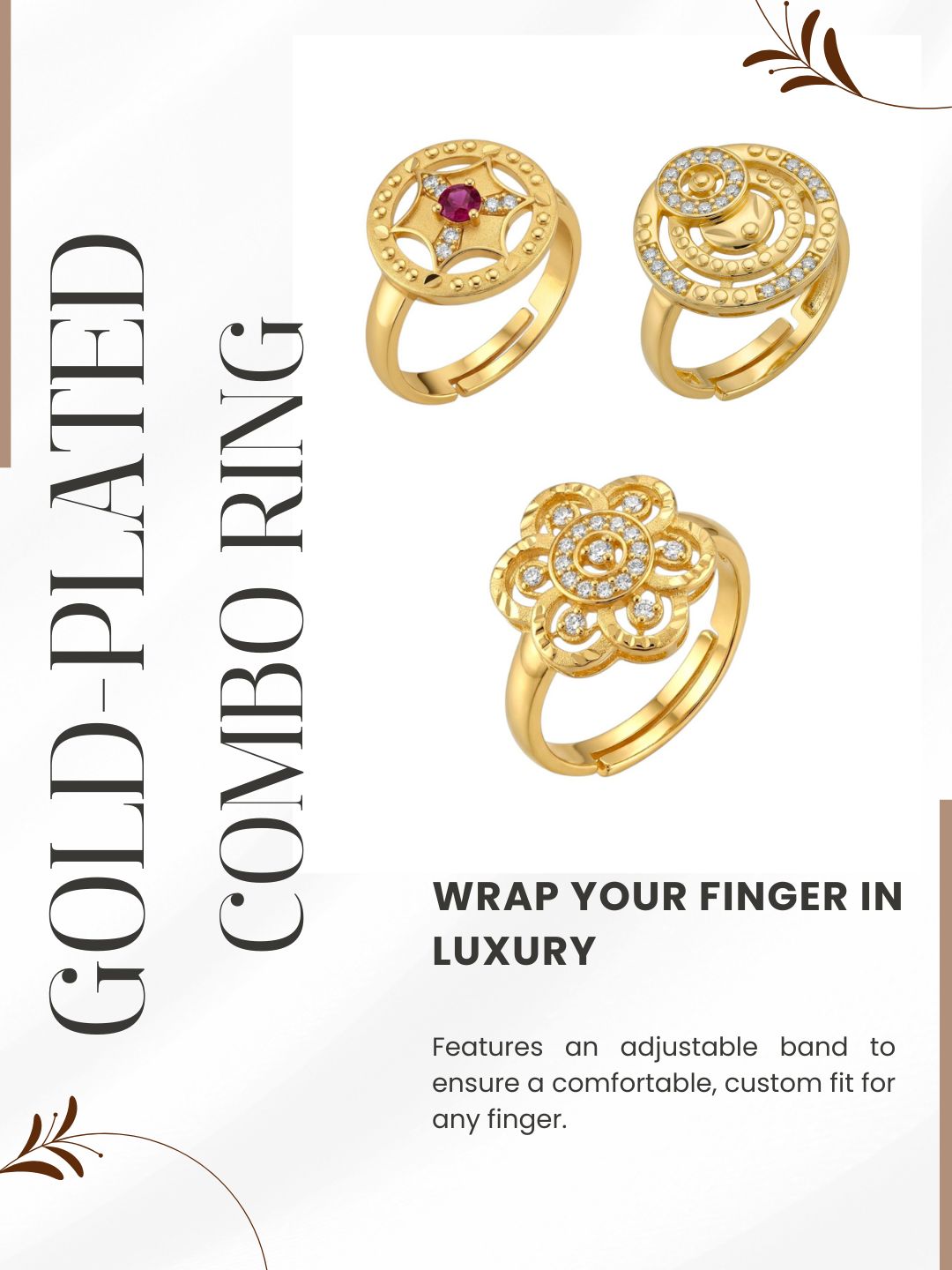 Gold Plated Adjustable Combo of 3 Rings for Women