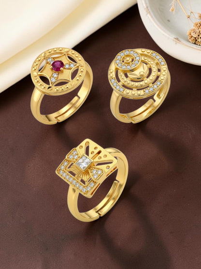 Gold Plated Adjustable Combo of 3 Rings for Women