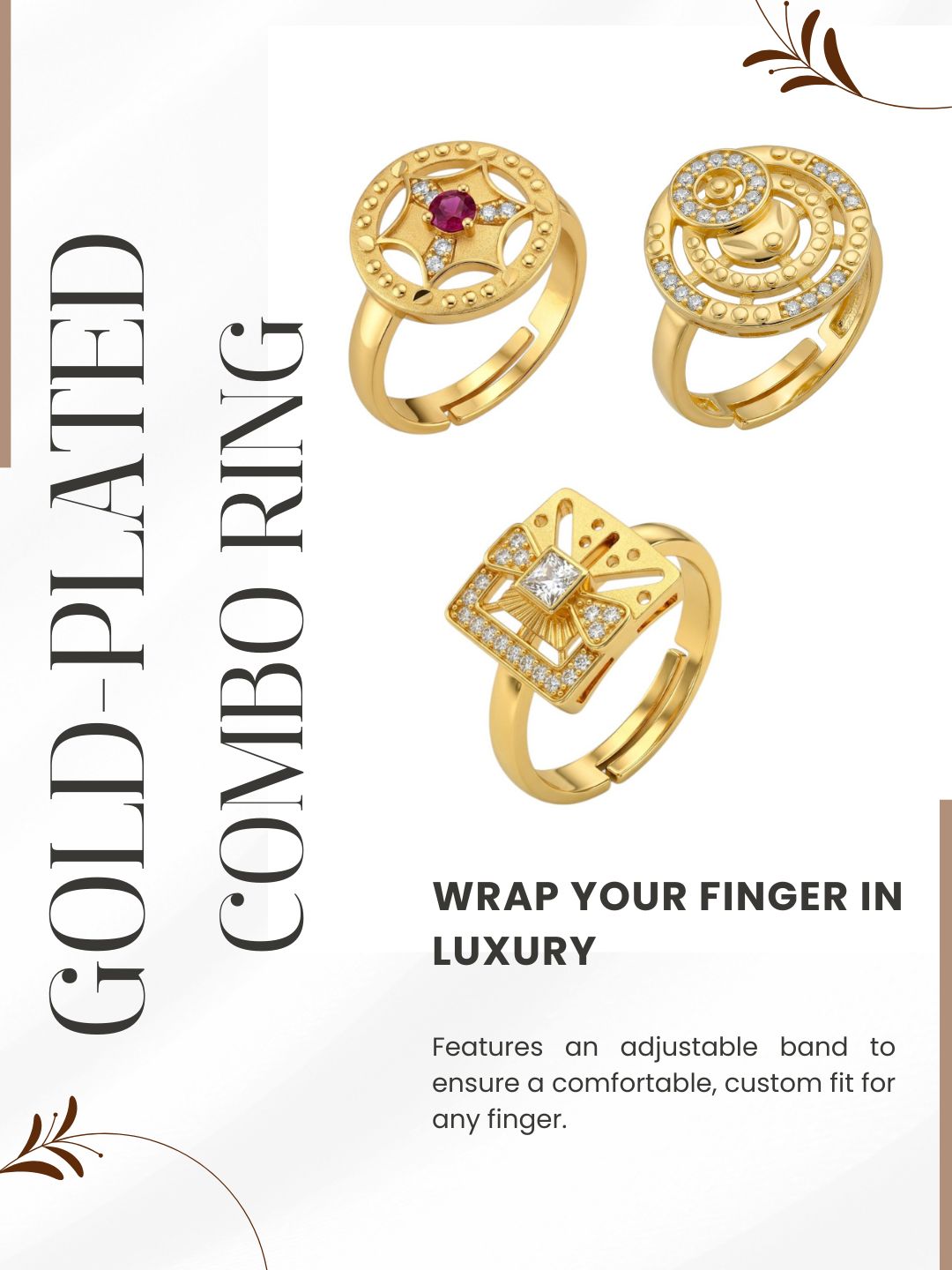 Gold Plated Adjustable Combo of 3 Rings for Women