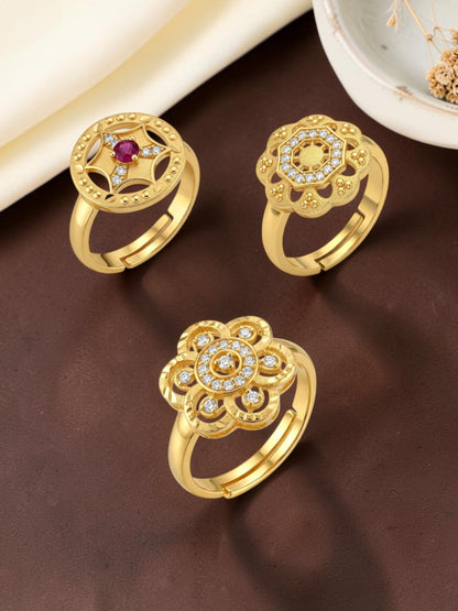 Gold Plated Adjustable Combo of 3 Rings for Women