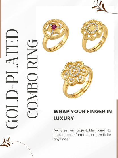 Gold Plated Adjustable Combo of 3 Rings for Women