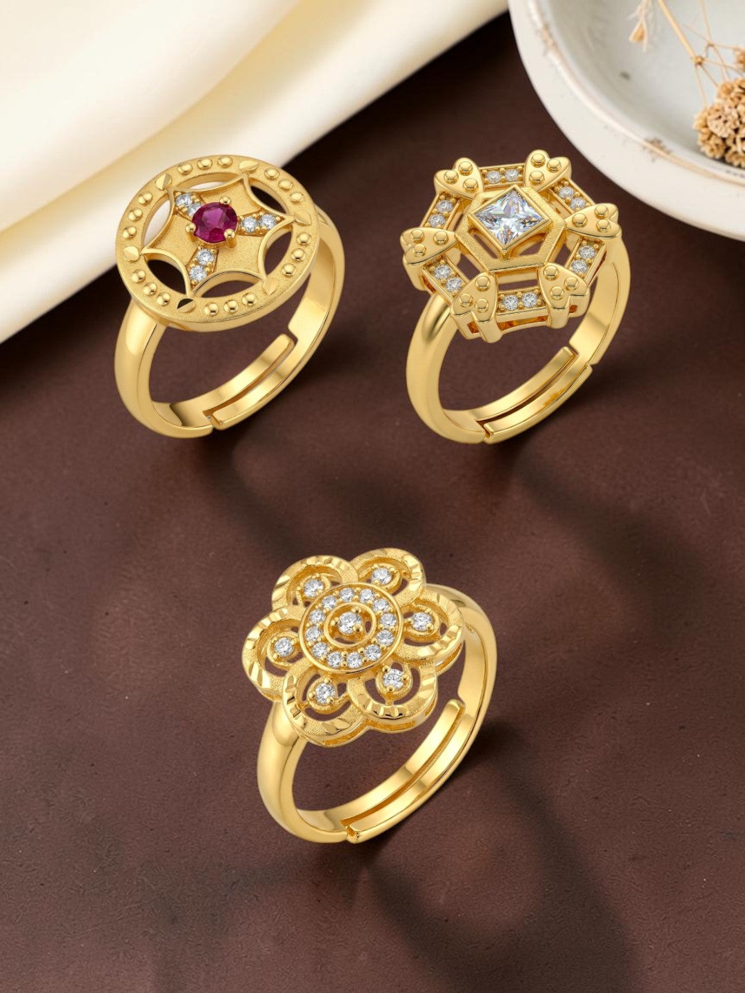 Gold Plated Adjustable Combo of 3 Rings for Women
