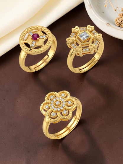 Gold Plated Adjustable Combo of 3 Rings for Women