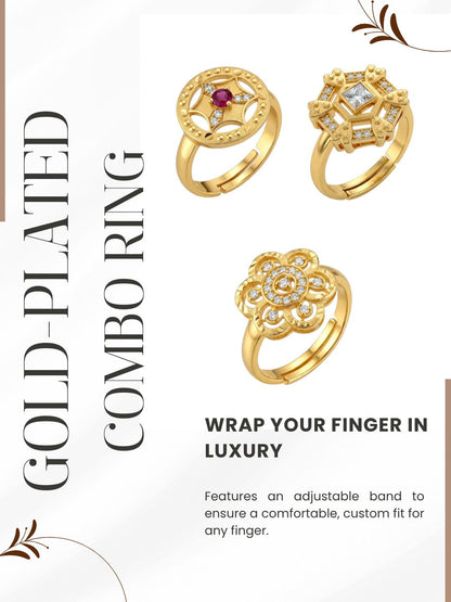 Gold Plated Adjustable Combo of 3 Rings for Women