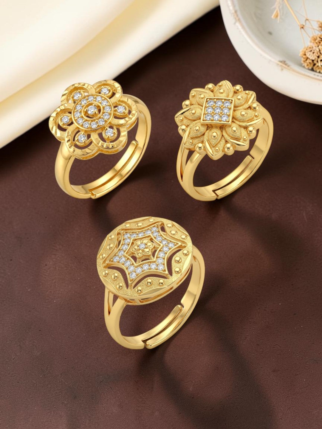 Gold Plated Adjustable Combo of 3 Rings for Women
