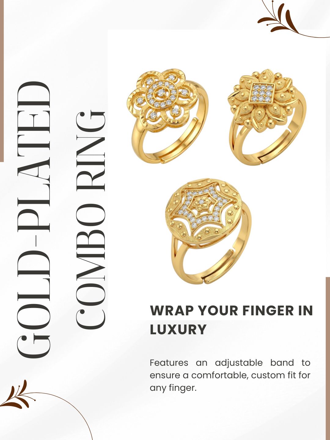Gold Plated Adjustable Combo of 3 Rings for Women