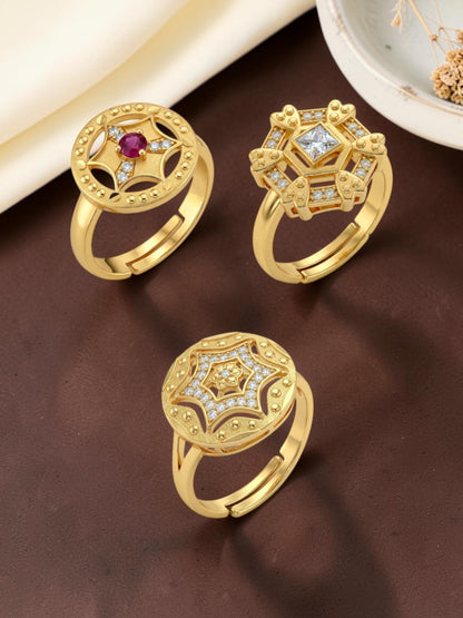 Gold Plated Adjustable Combo of 3 Rings for Women