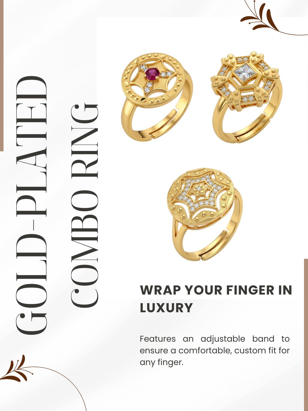 Gold Plated Adjustable Combo of 3 Rings for Women