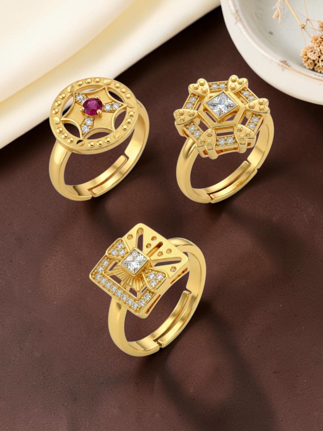 Gold Plated Adjustable Combo of 3 Rings for Women