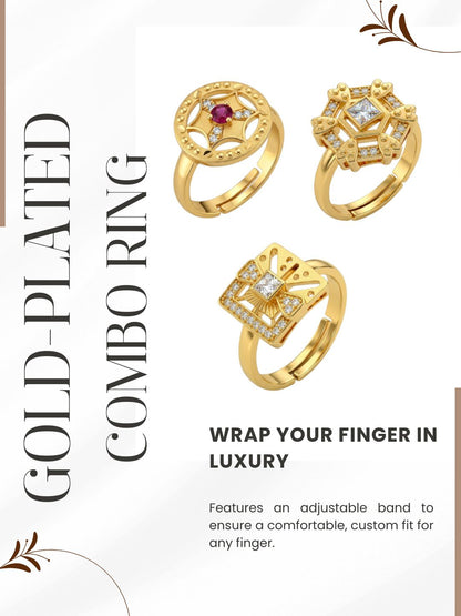 Gold Plated Adjustable Combo of 3 Rings for Women