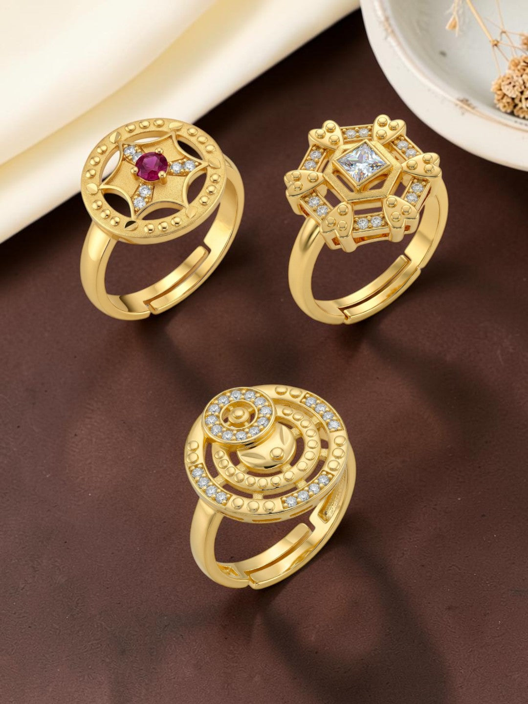 Gold Plated Adjustable Combo of 3 Rings for Women
