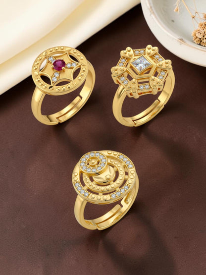 Gold Plated Adjustable Combo of 3 Rings for Women