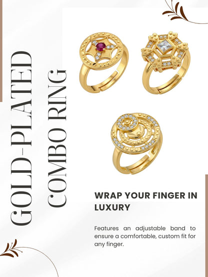 Gold Plated Adjustable Combo of 3 Rings for Women