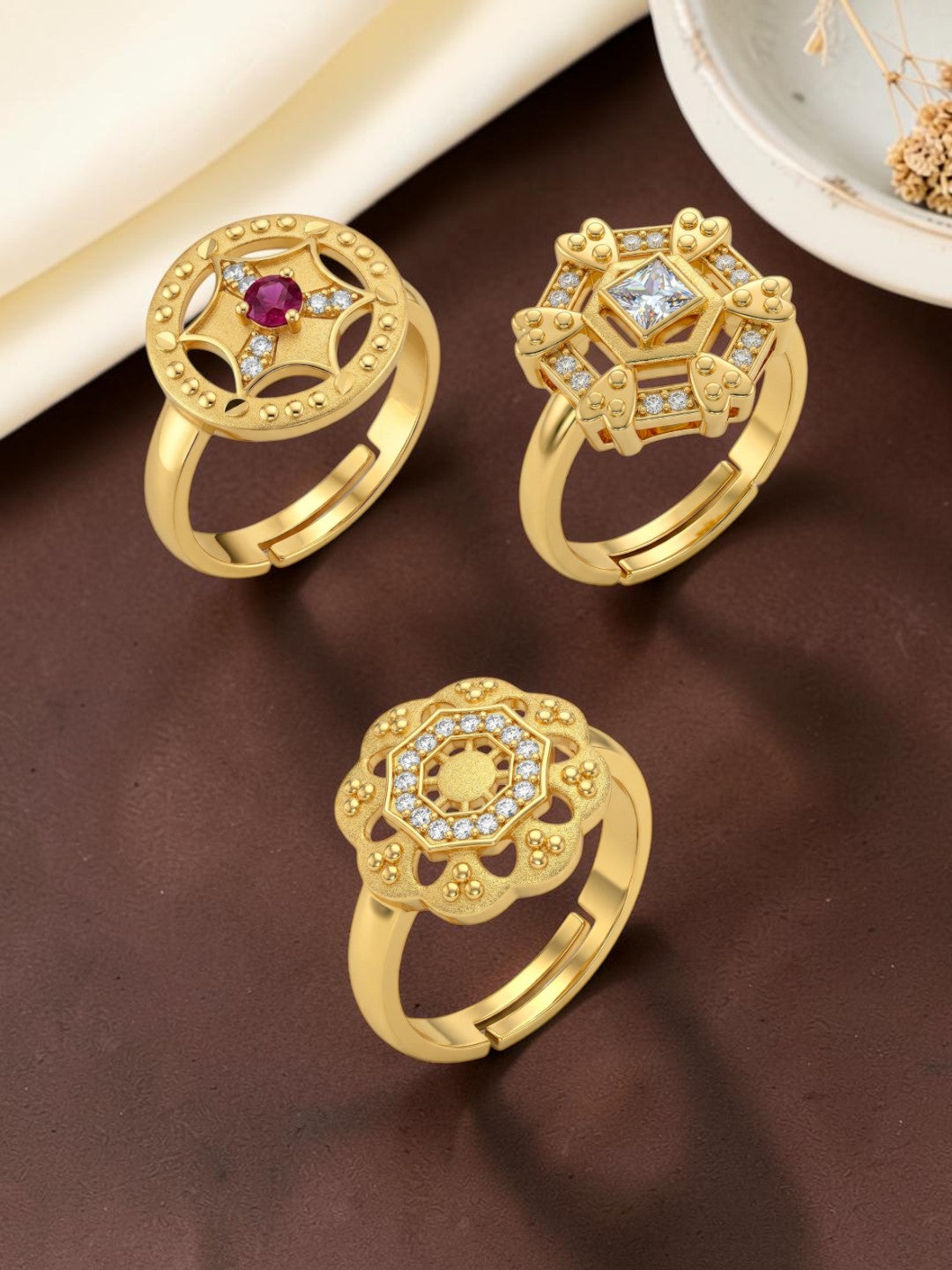 Gold Plated Adjustable Combo of 3 Rings for Women