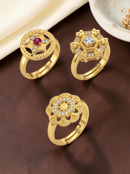 Gold Plated Adjustable Combo of 3 Rings for Women
