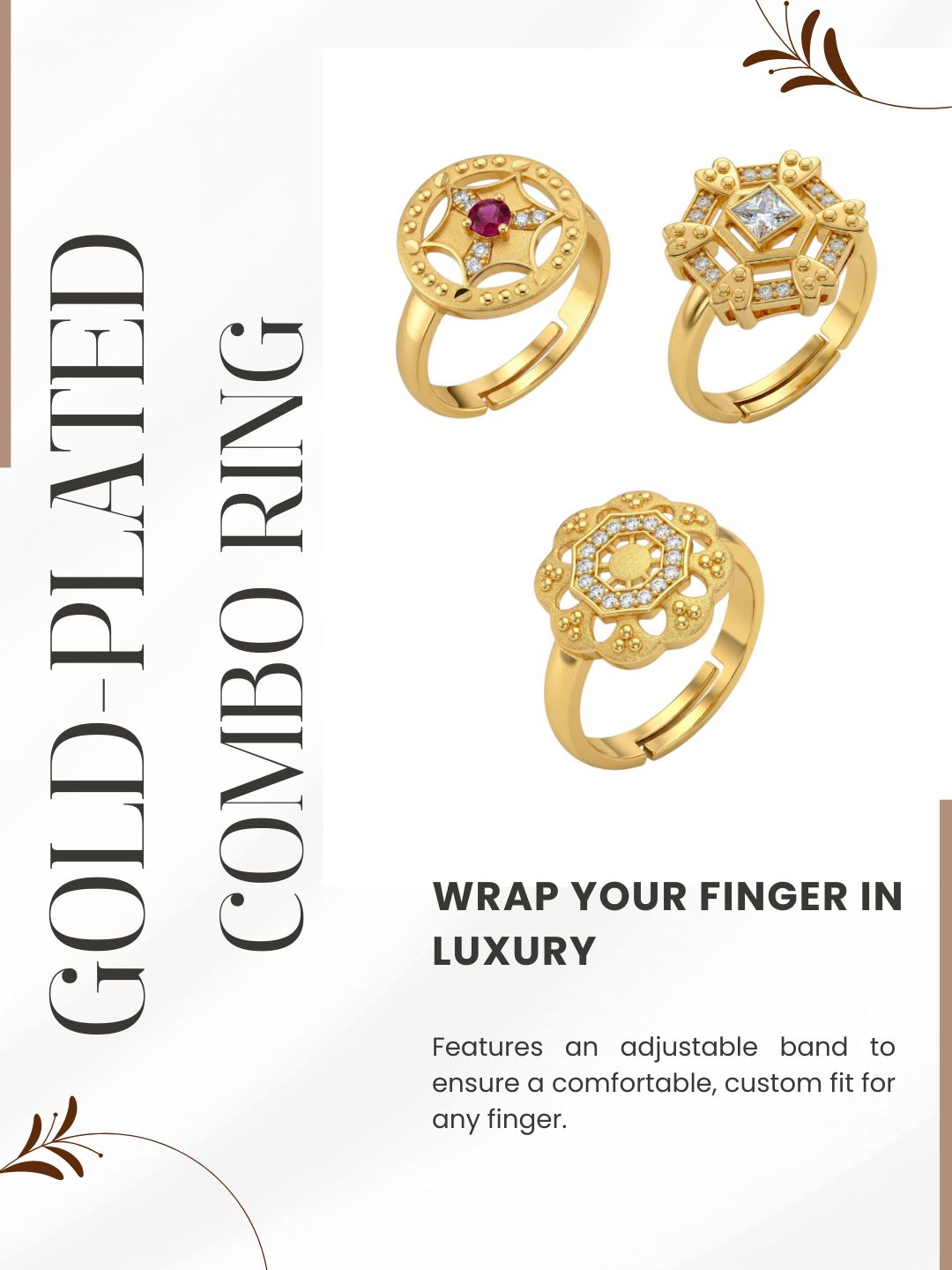 Gold Plated Adjustable Combo of 3 Rings for Women