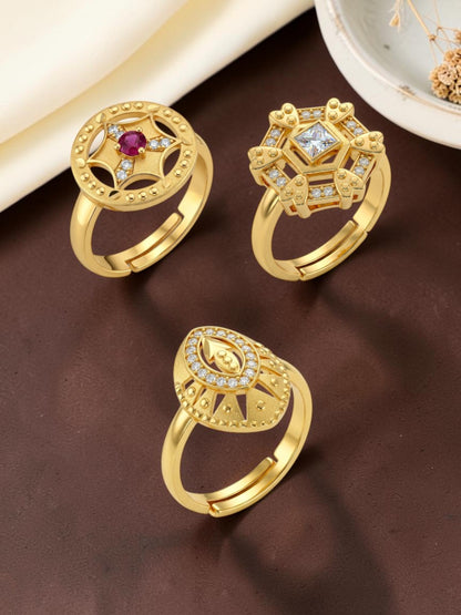 Gold Plated Adjustable Combo of 3 Rings for Women
