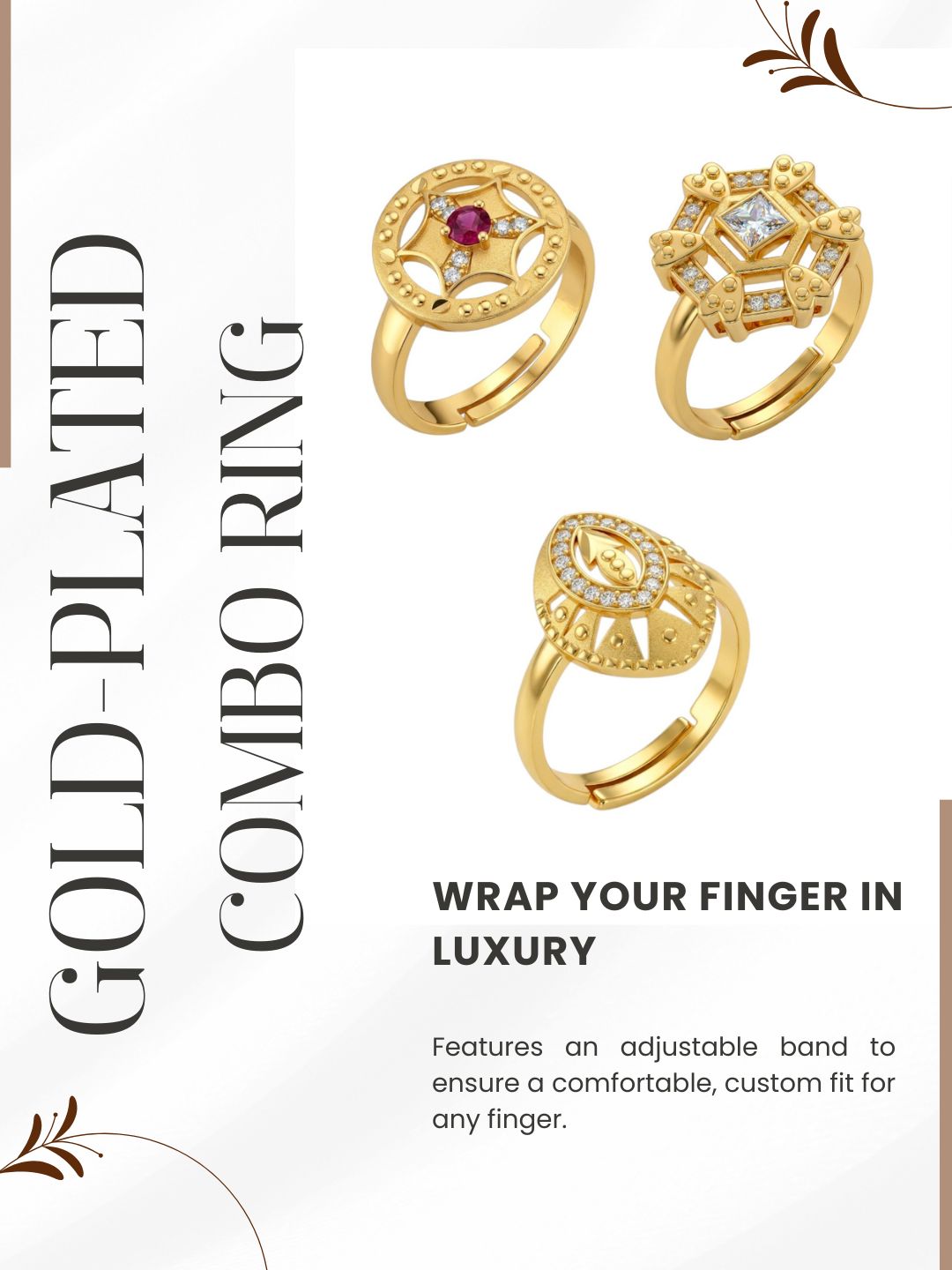 Gold Plated Adjustable Combo of 3 Rings for Women