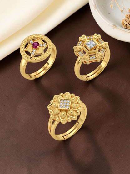 Gold Plated Adjustable Combo of 3 Rings for Women