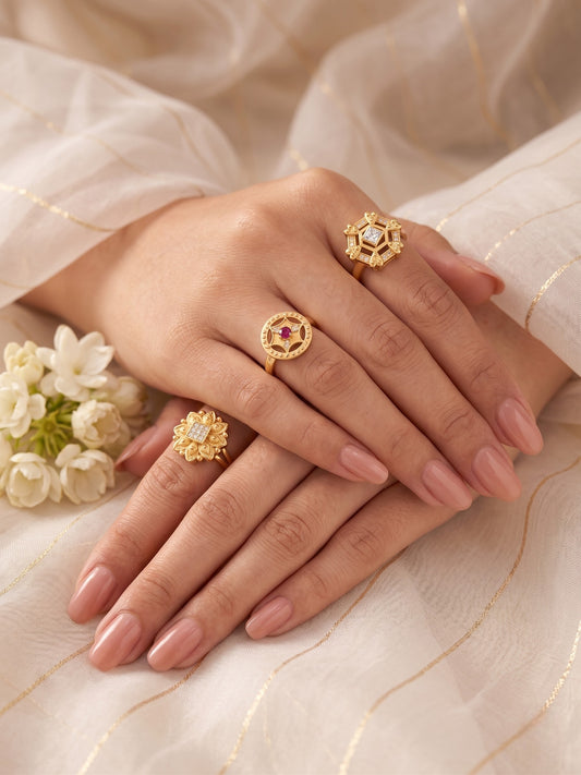 Gold Plated Adjustable Combo of 3 Rings for Women