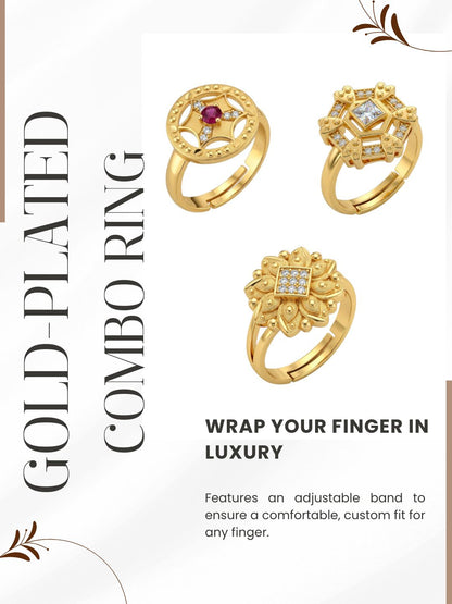Gold Plated Adjustable Combo of 3 Rings for Women