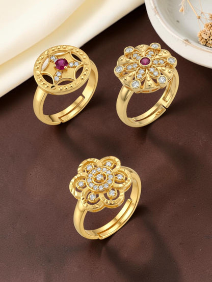 Gold Plated Adjustable Combo of 3 Rings for Women