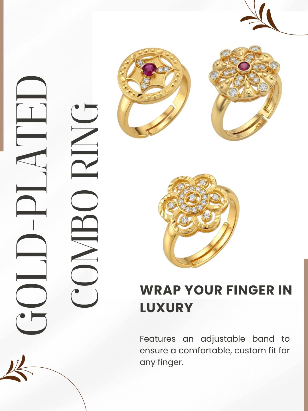 Gold Plated Adjustable Combo of 3 Rings for Women