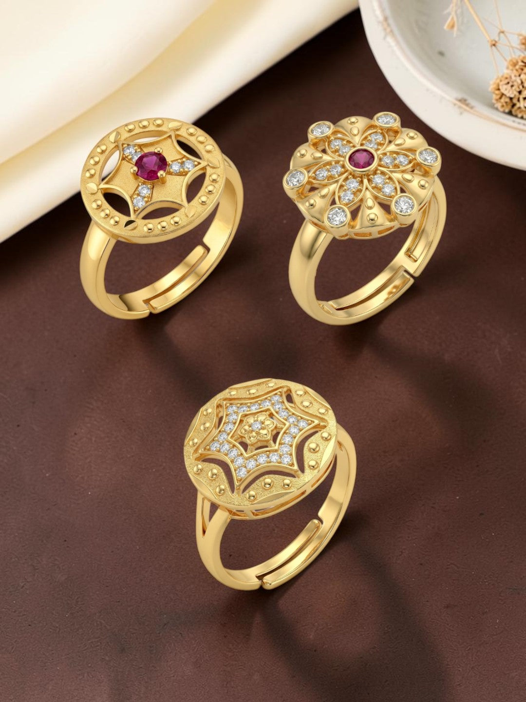 Gold Plated Adjustable Combo of 3 Rings for Women
