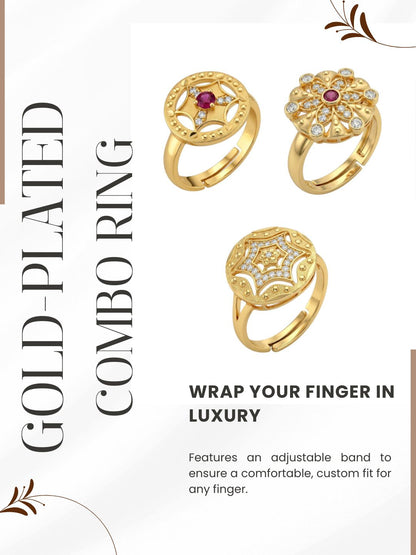 Gold Plated Adjustable Combo of 3 Rings for Women