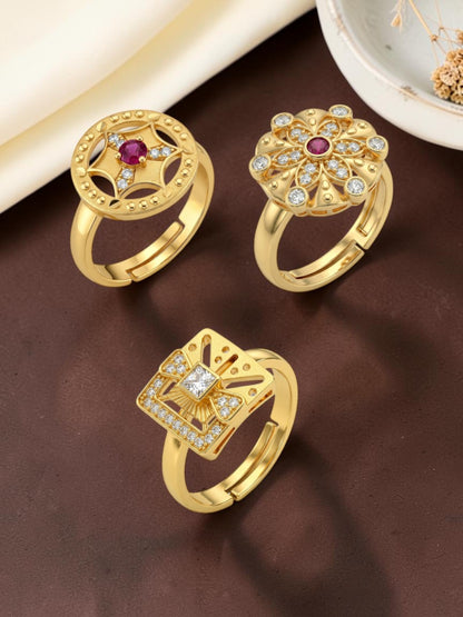 Gold Plated Adjustable Combo of 3 Rings for Women