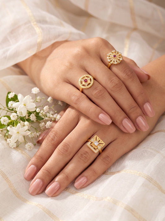 Gold Plated Adjustable Combo of 3 Rings for Women