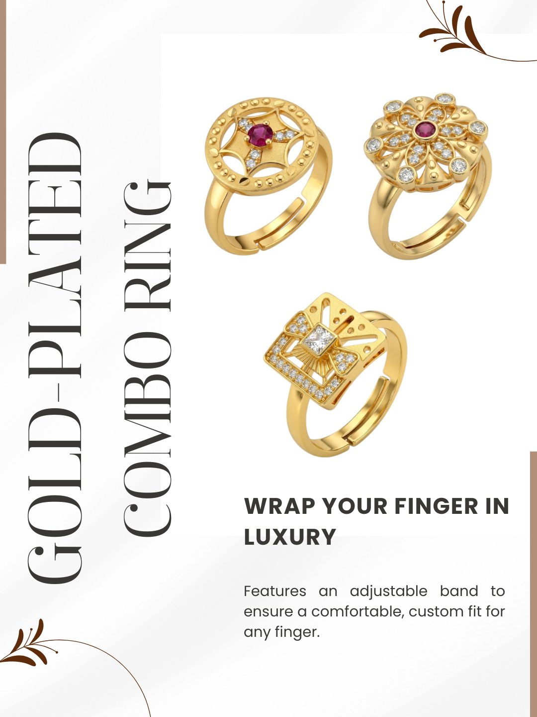 Gold Plated Adjustable Combo of 3 Rings for Women