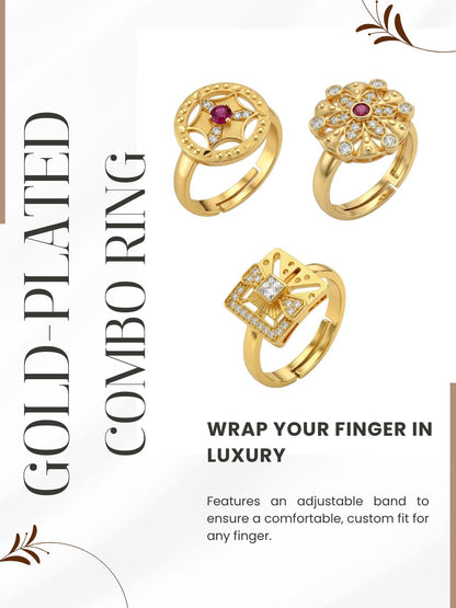 Gold Plated Adjustable Combo of 3 Rings for Women