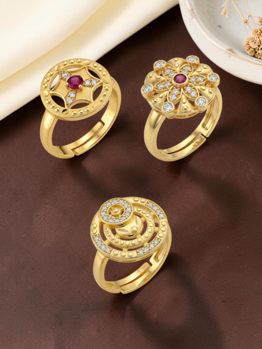 Gold Plated Adjustable Combo of 3 Rings for Women