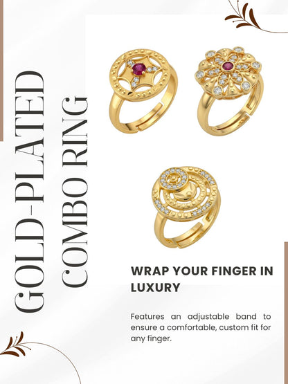 Gold Plated Adjustable Combo of 3 Rings for Women