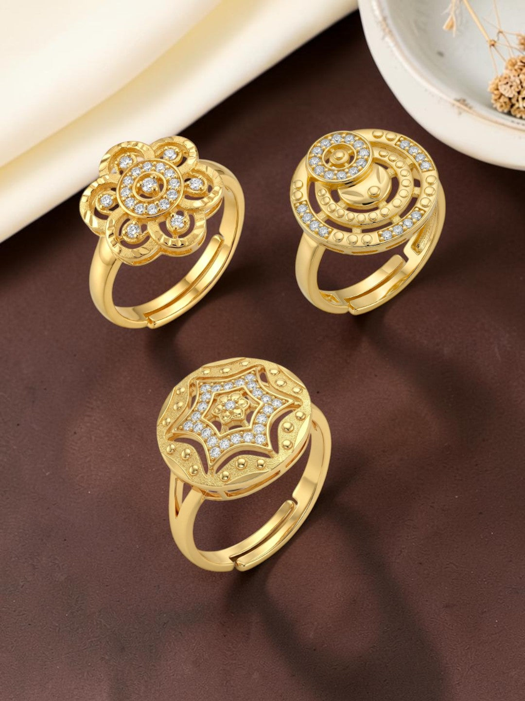 Gold Plated Adjustable Combo of 3 Rings for Women