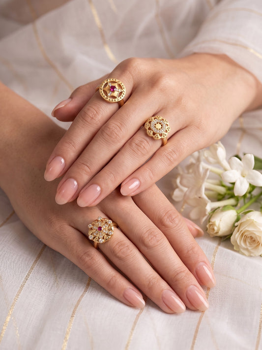 Gold Plated Adjustable Combo of 3 Rings for Women